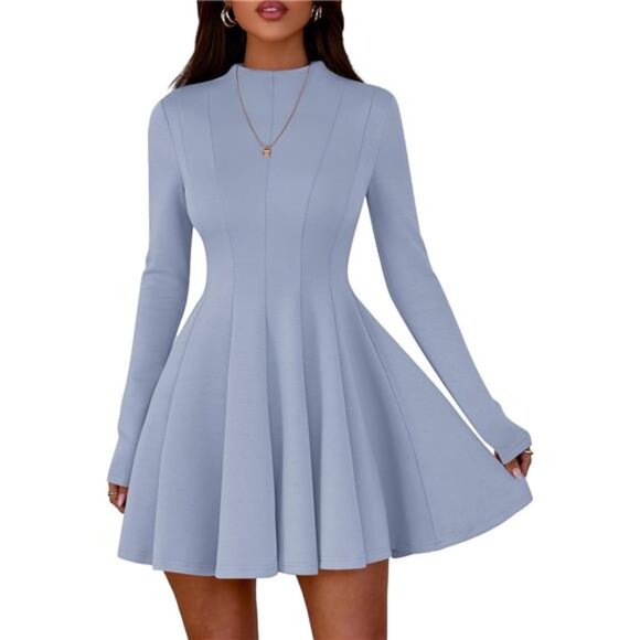 Women Elegant Swing A Line Ruffle Dress Blue - Picture 2 of 6